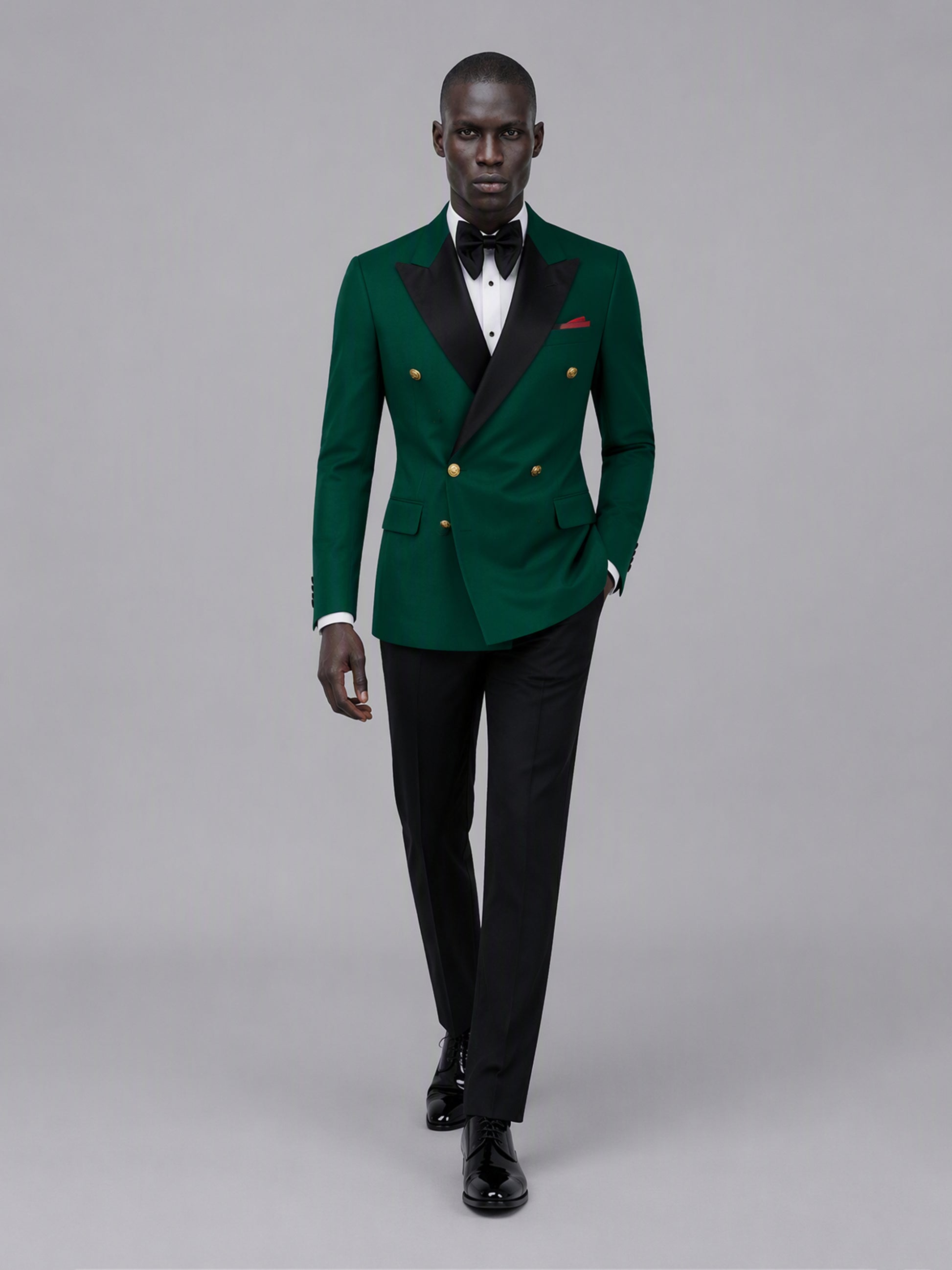 Men's emerald green double-breasted 2-piece suit set – back three-quarter view, Savile GA0175