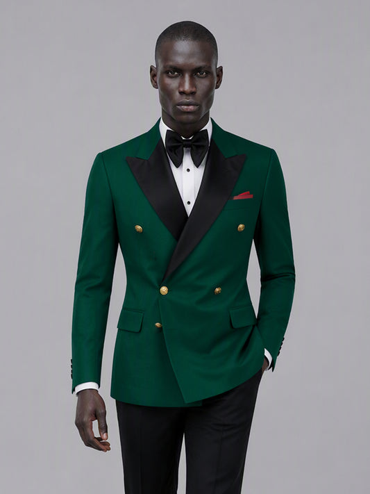 Men's emerald green double-breasted 2-piece suit set – front full-length walking view, Savile GA0175