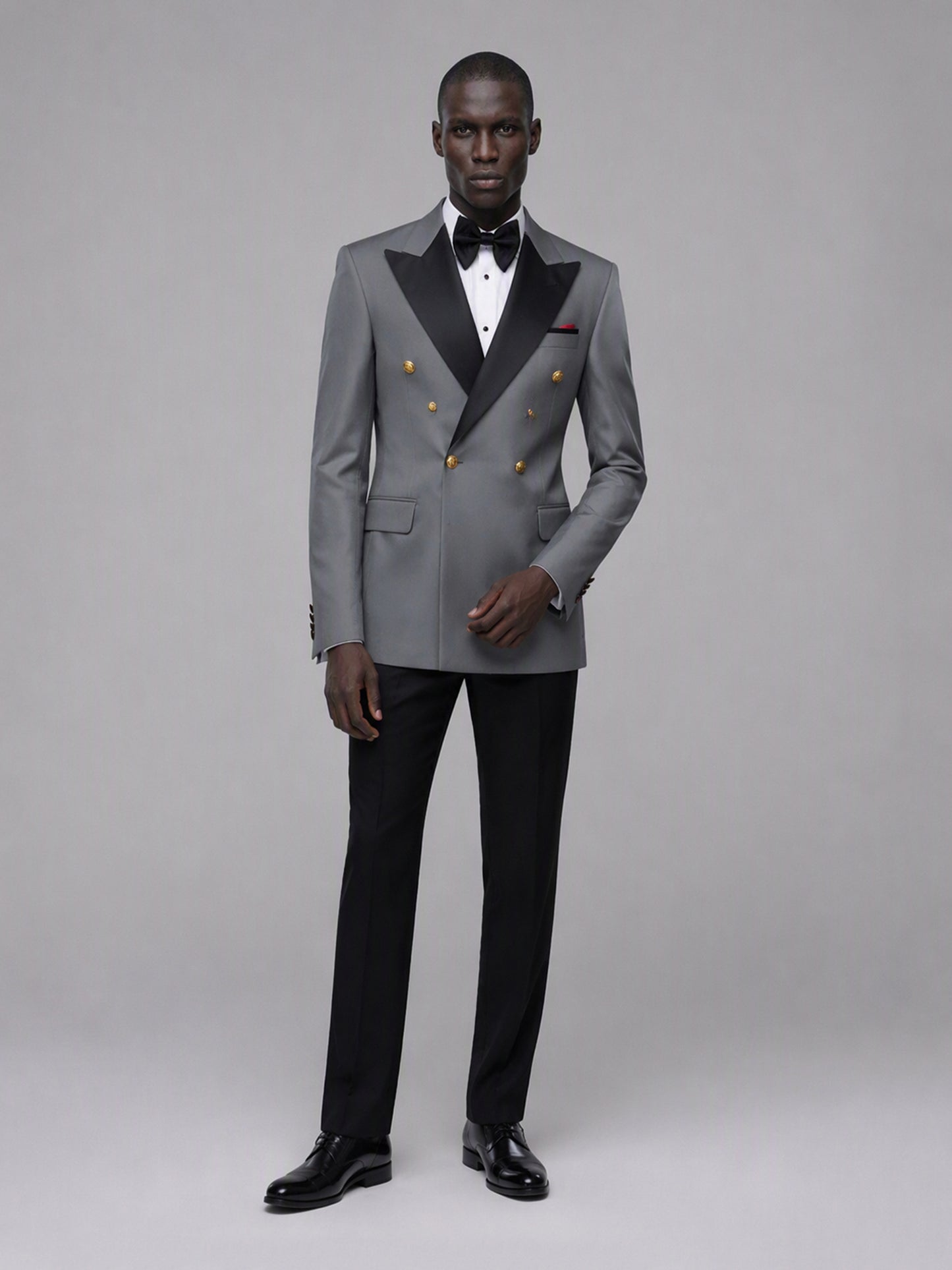 Men's grey double-breasted 2-piece suit set – front full-length standing view, Savile GA0175