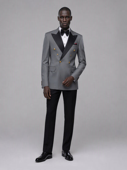 Men's grey double-breasted 2-piece suit set – front full-length standing view, Savile GA0175