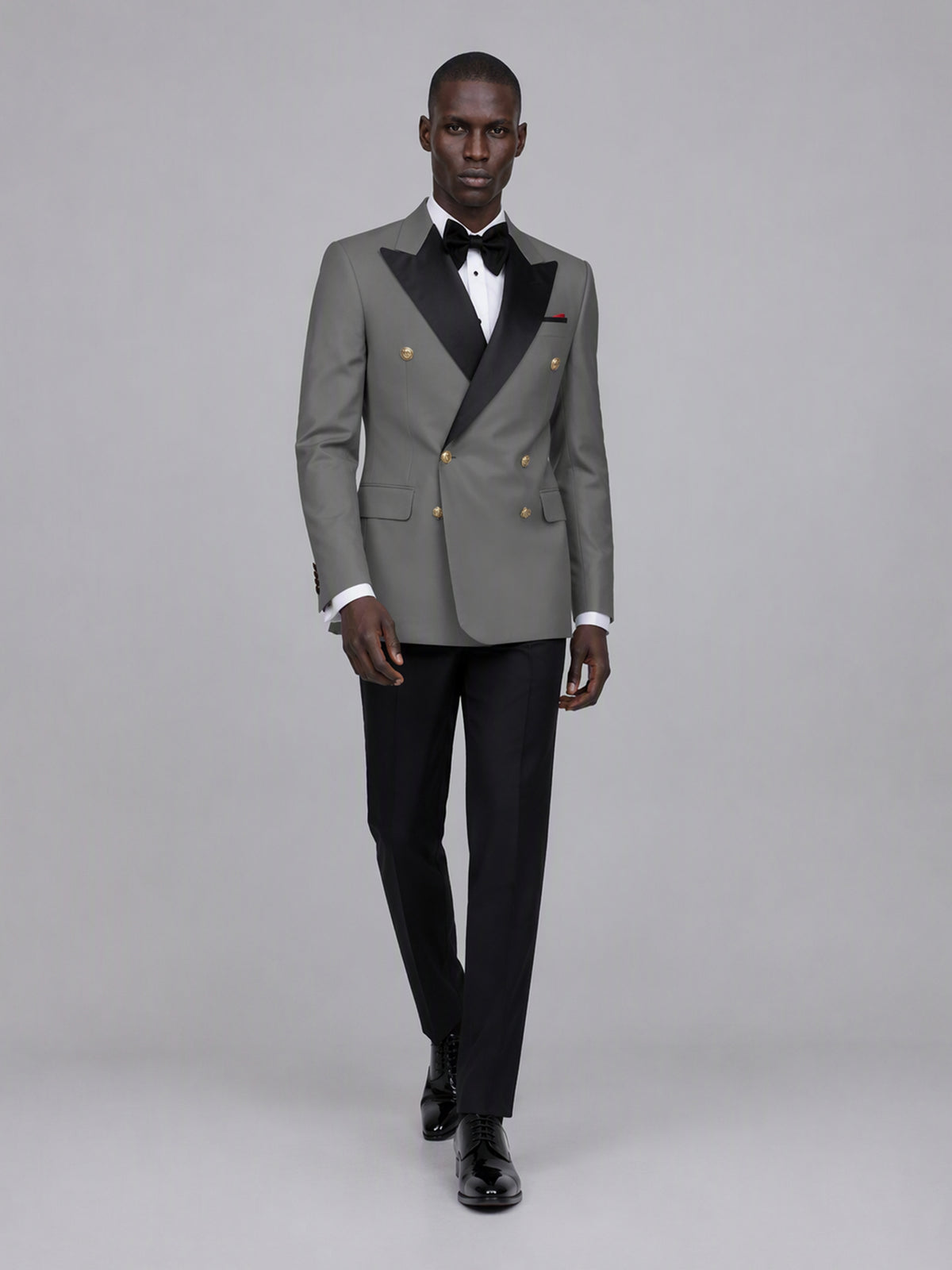 Men's grey double-breasted 2-piece suit set – front full-length walking view, Savile GA0175