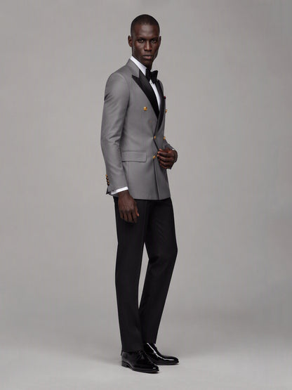 Men's grey double-breasted 2-piece suit set – three-quarter side standing view, Savile GA0175