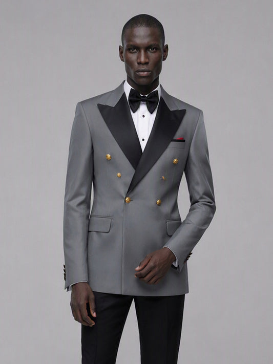 Men's grey double-breasted 2-piece suit set – front close-up detail view, Savile GA0175