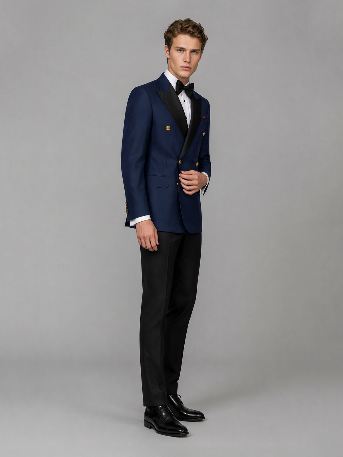 Men's navy blue double-breasted 2-piece suit set – three-quarter side standing view, Savile GA0175