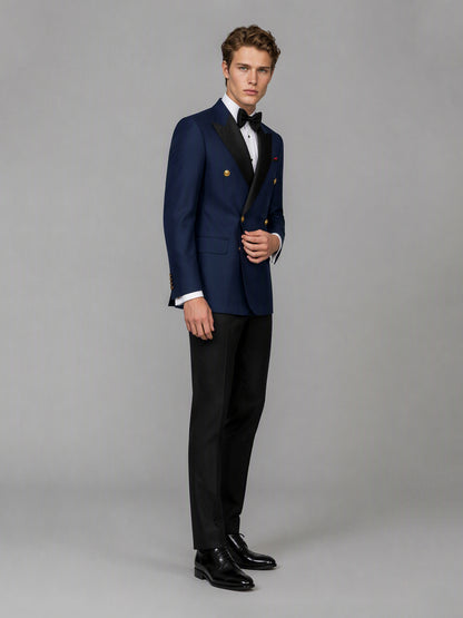 Men's navy blue double-breasted 2-piece suit set – three-quarter side standing view, Savile GA0175