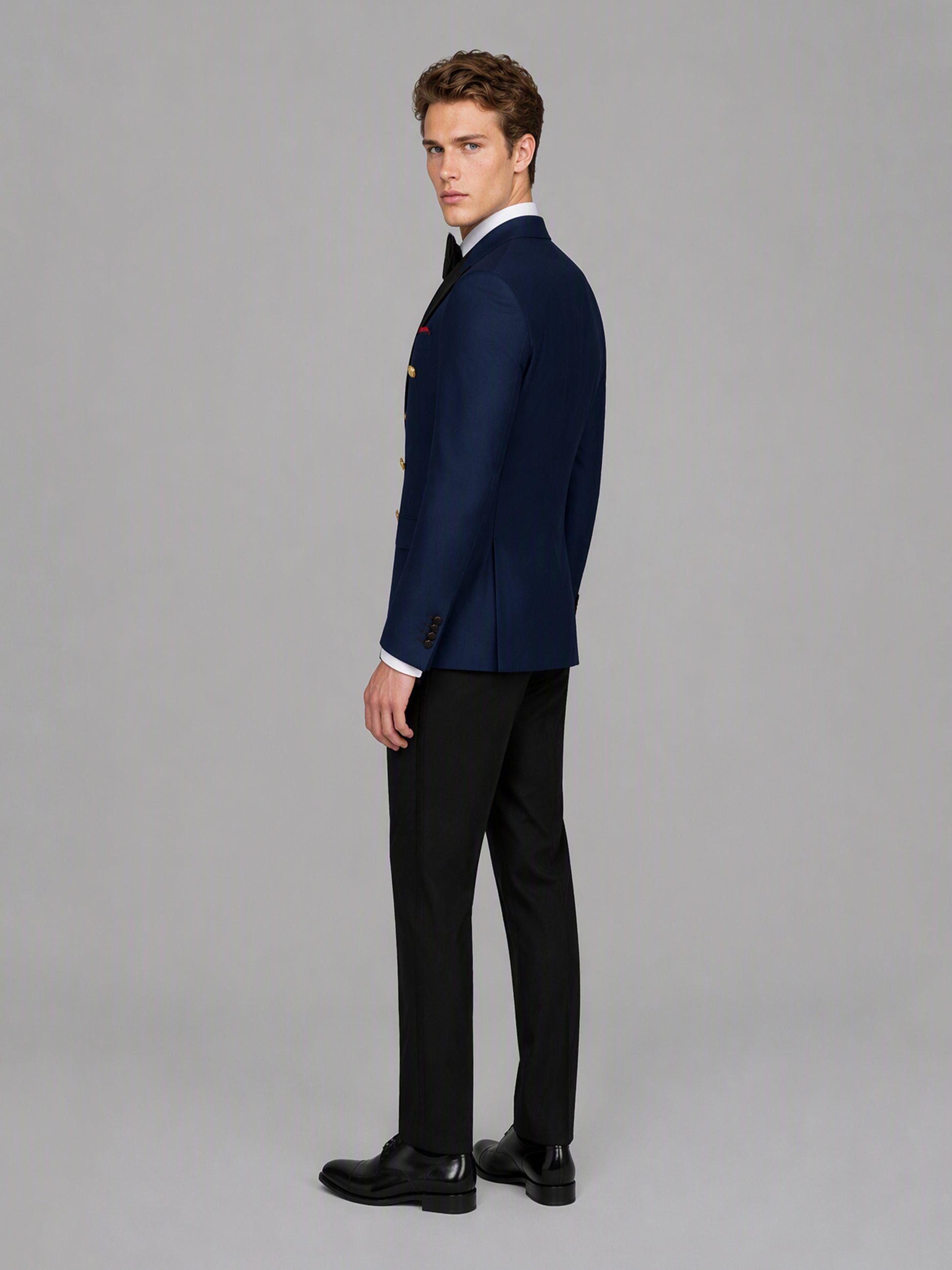 Men's navy blue double-breasted 2-piece suit set – side profile full-length view, Savile GA0175