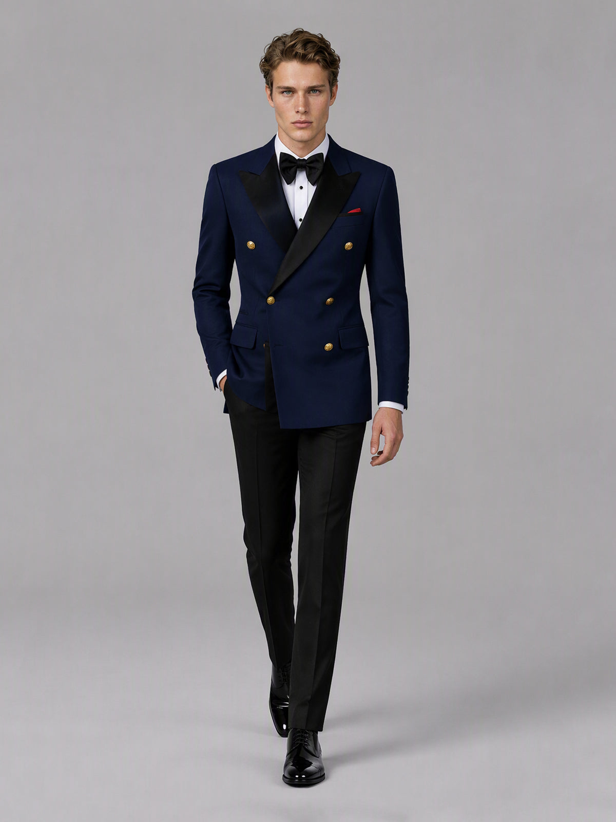 Men's navy blue double-breasted 2-piece suit set – front close-up detail view, Savile GA0175
