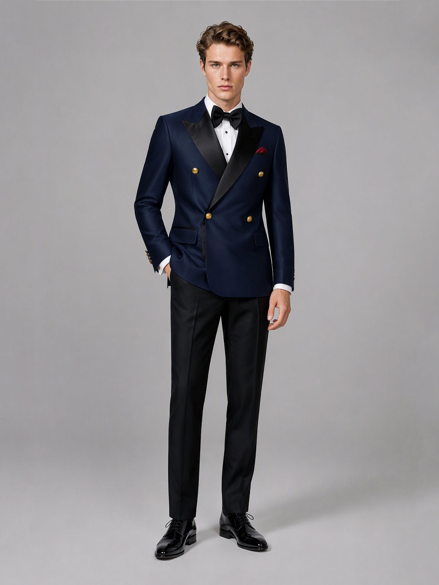 Men's navy blue double-breasted 2-piece suit set – front full-length walking view, Savile GA0175