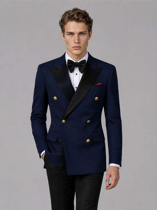 Men's navy blue double-breasted 2-piece suit set – front full-length standing view, Savile GA0175