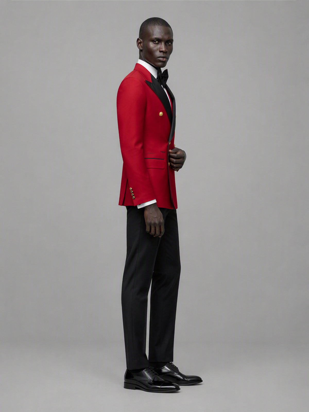 Men's red double-breasted 2-piece suit set – front close-up detail view, Savile GA0175