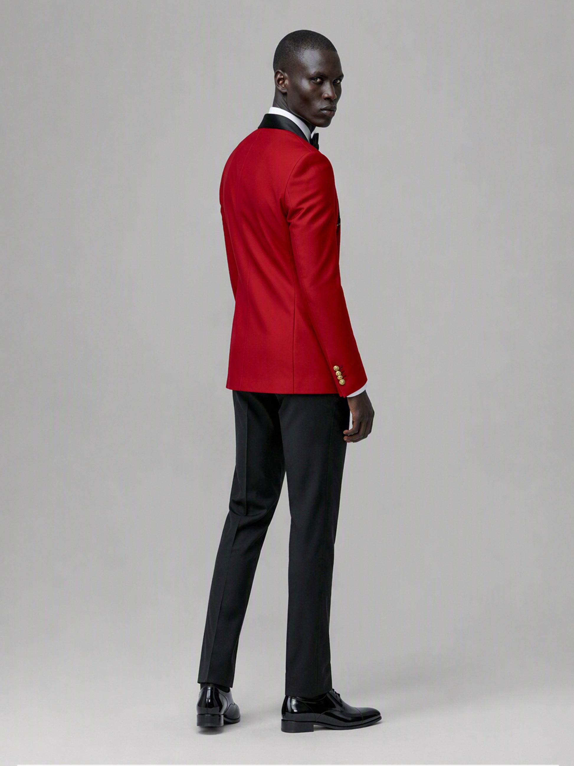 Men's red double-breasted 2-piece suit set – front full-length hands-in-pockets view, Savile GA0175