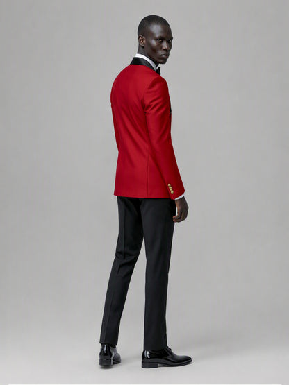 Men's red double-breasted 2-piece suit set – front full-length hands-in-pockets view, Savile GA0175