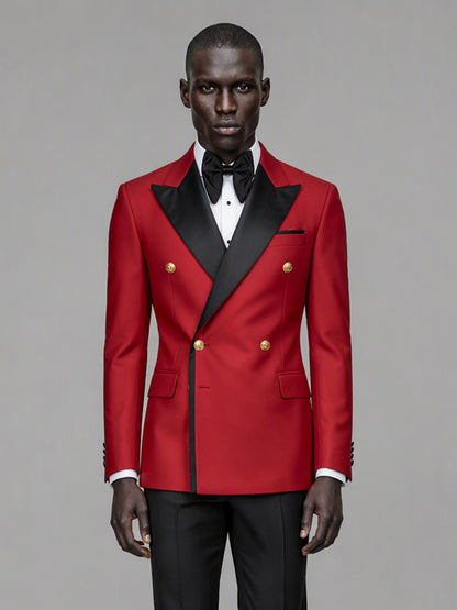 Men's red double-breasted 2-piece suit set – back three-quarter view, Savile GA0175