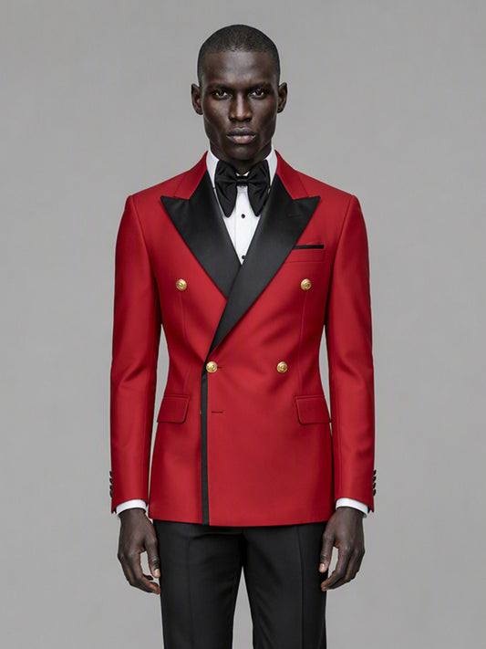 Men's red double-breasted 2-piece suit set – back three-quarter view, Savile GA0175