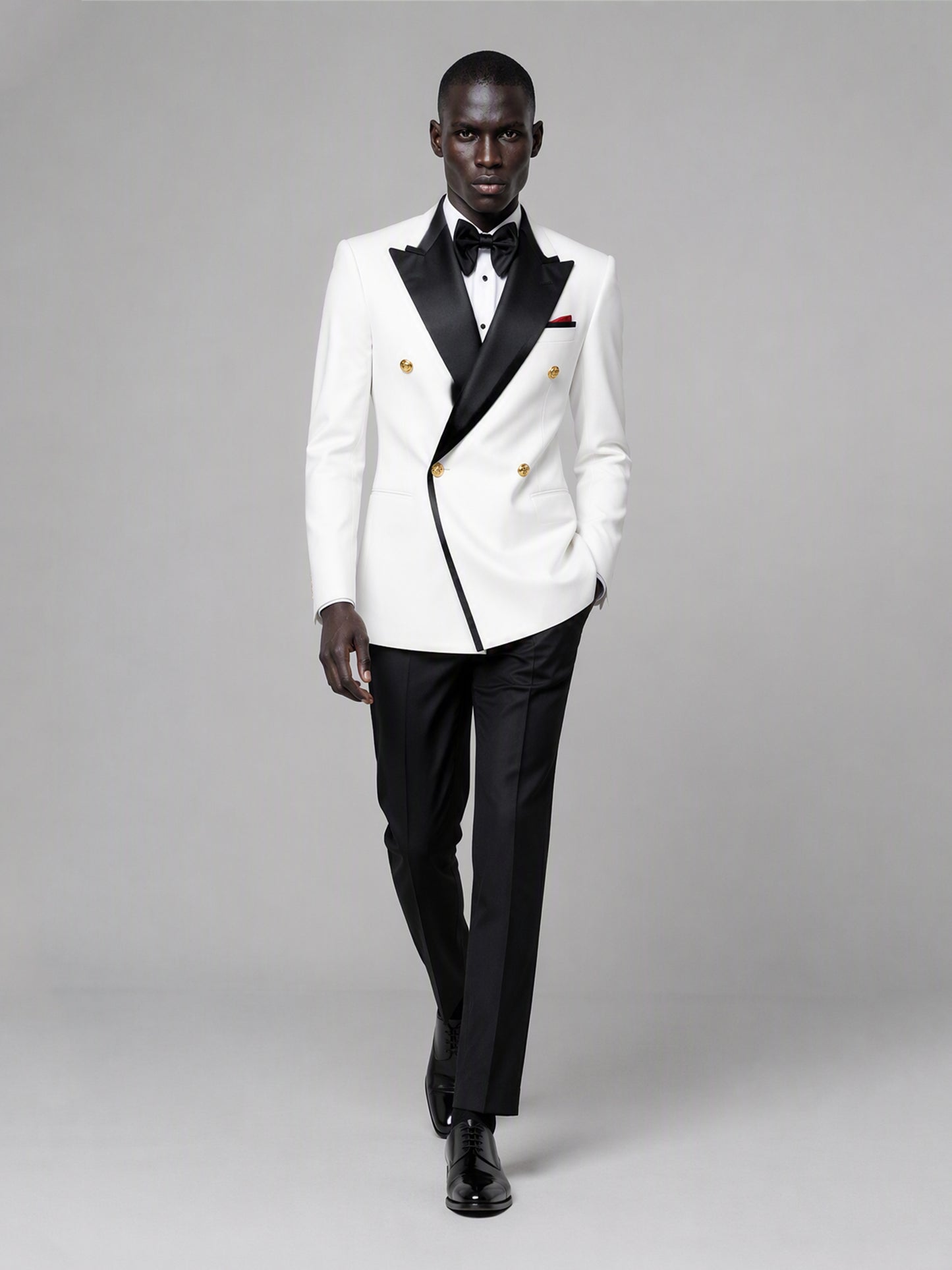 Men's white double-breasted 2-piece suit set – back three-quarter view, Savile GA0175