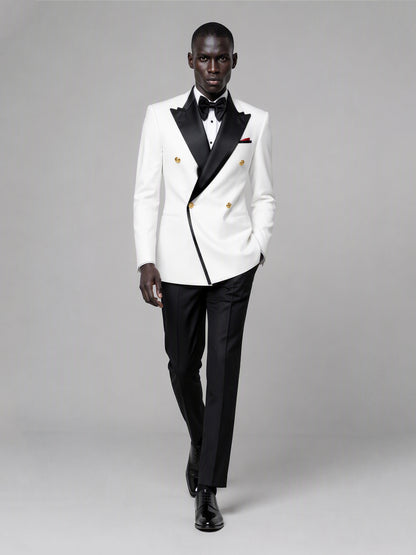 Men's white double-breasted 2-piece suit set – back three-quarter view, Savile GA0175