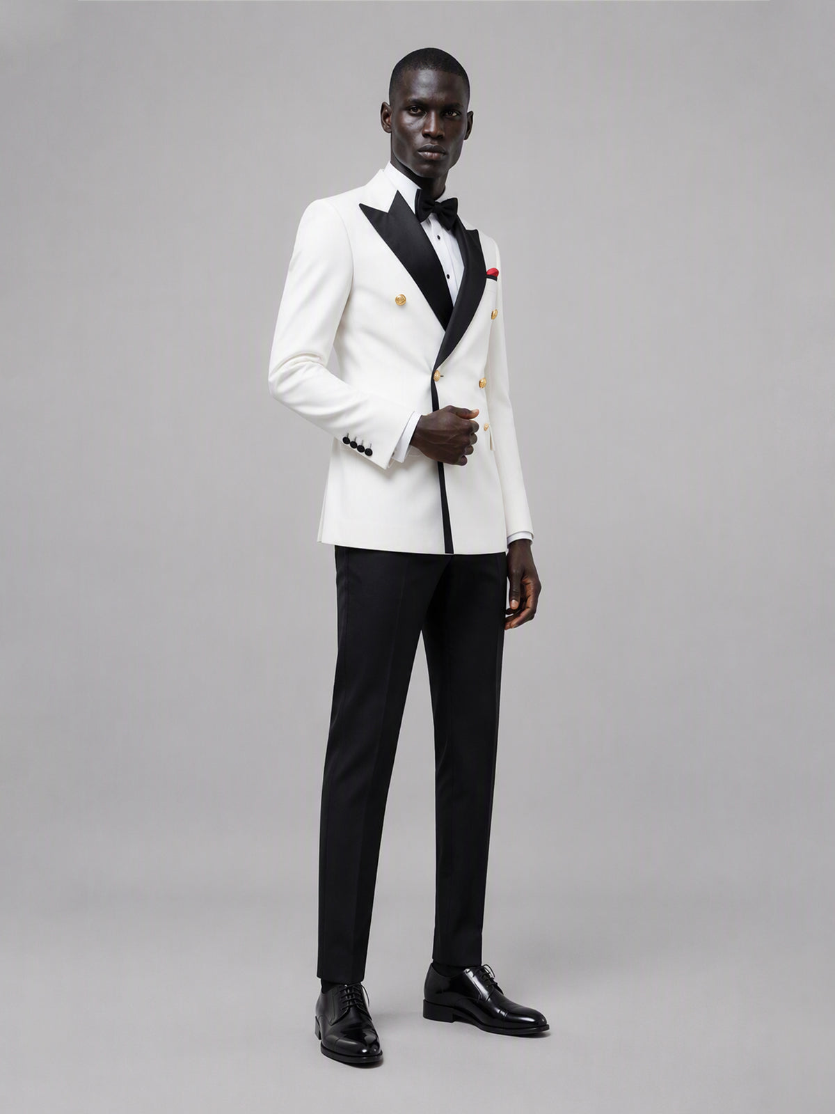 Men's white double-breasted 2-piece suit set – front full-length walking view, Savile GA0175