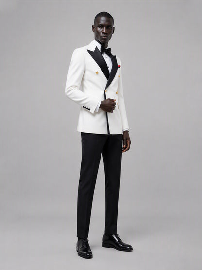 Men's white double-breasted 2-piece suit set – front full-length walking view, Savile GA0175