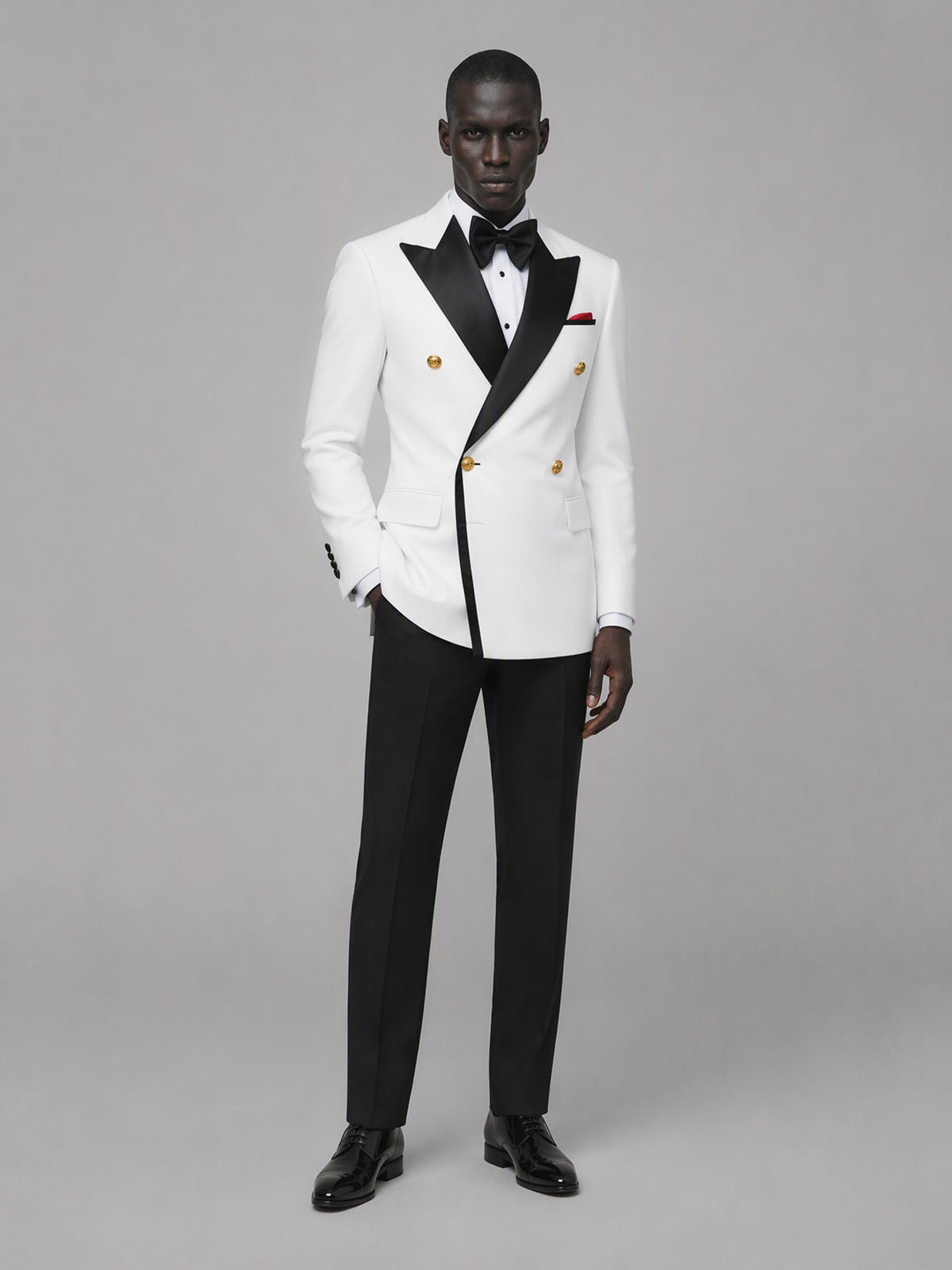 Men's white double-breasted 2-piece suit set – front full-length hands-clasped standing view, Savile GA0175