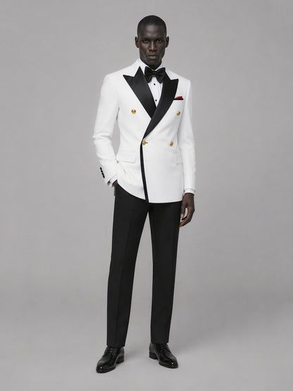 Men's white double-breasted 2-piece suit set – front full-length hands-clasped standing view, Savile GA0175