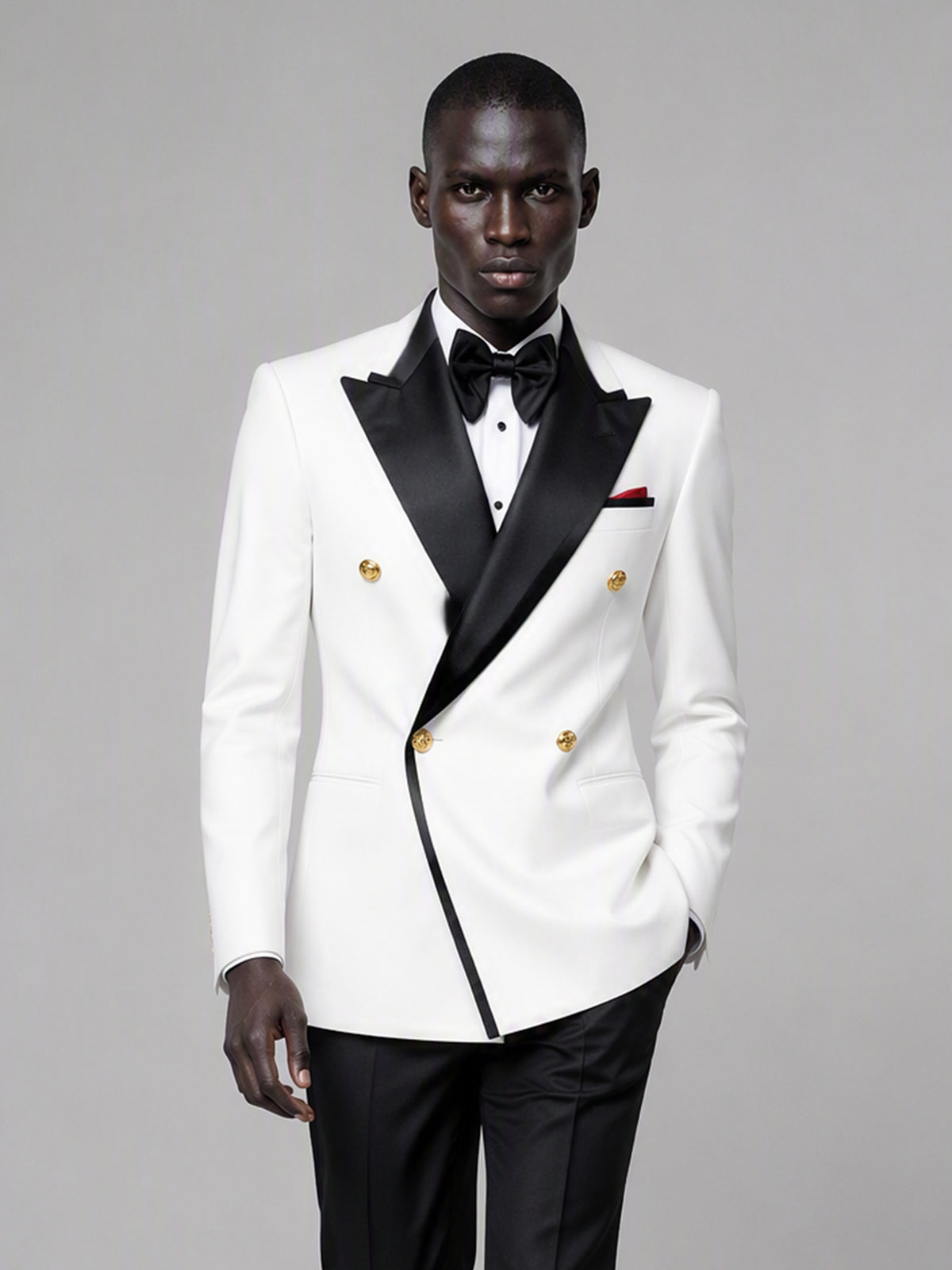 Men's white double-breasted 2-piece suit set – front full-length standing view, Savile GA0175