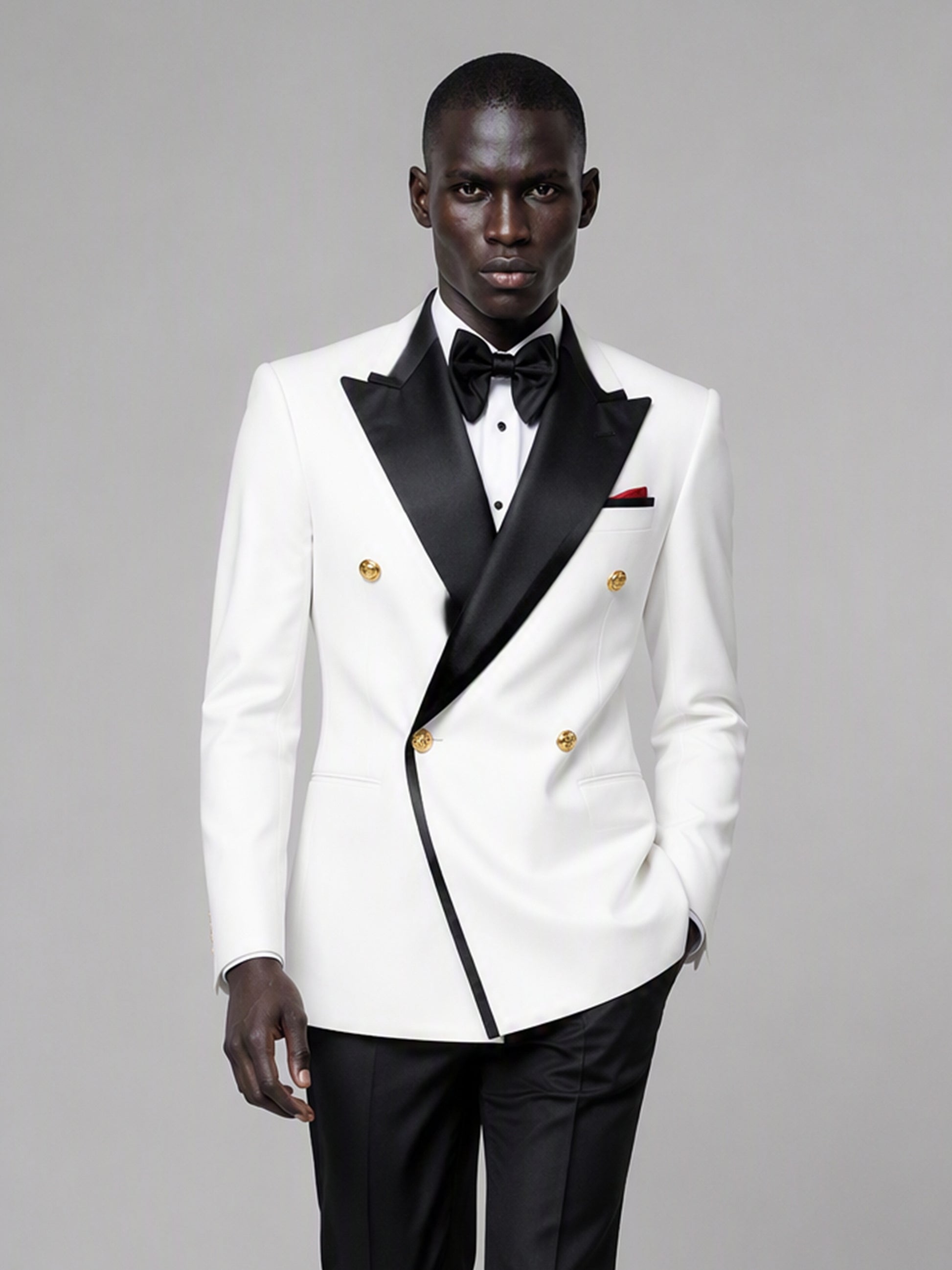 Men's white double-breasted 2-piece suit set – front full-length standing view, Savile GA0175