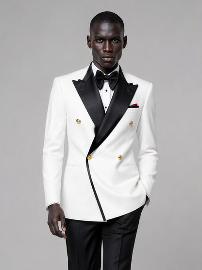 Men's white double-breasted 2-piece suit set – front full-length standing view, Savile GA0175