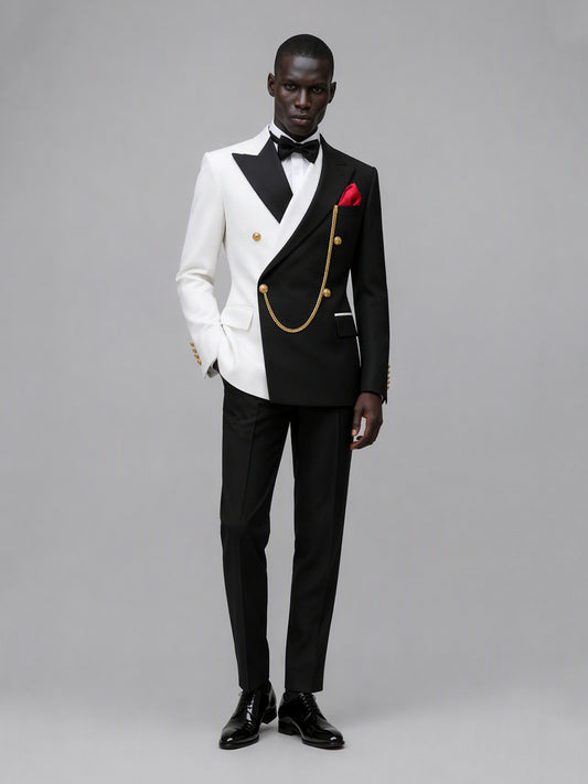 Men's black and white double-breasted 2-piece suit set – front close-up gold chain detail view, Savile GA0176