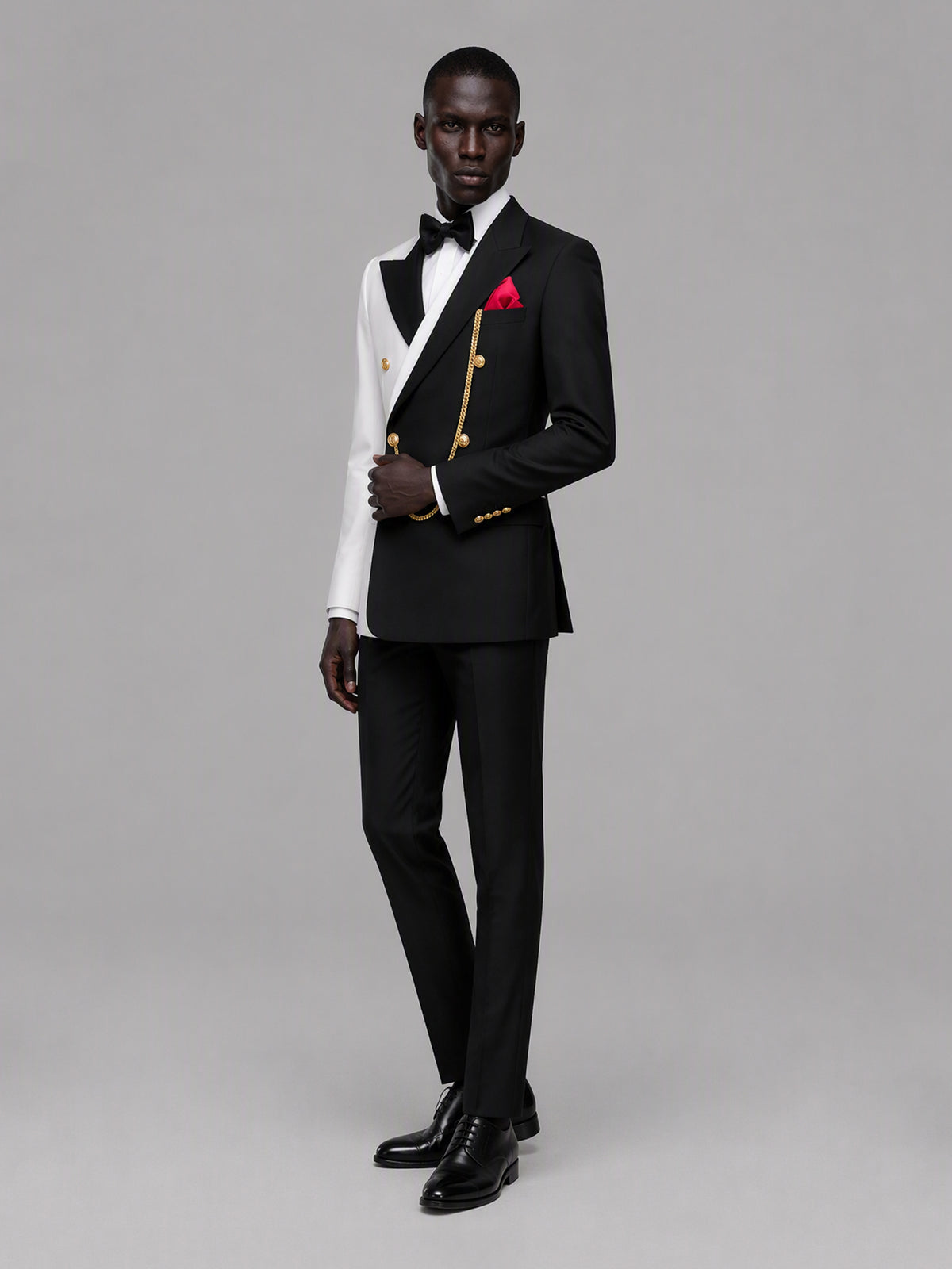 Men's black and white double-breasted 2-piece suit set – front full-length standing view, Savile GA0176