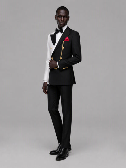 Men's black and white double-breasted 2-piece suit set – front full-length standing view, Savile GA0176