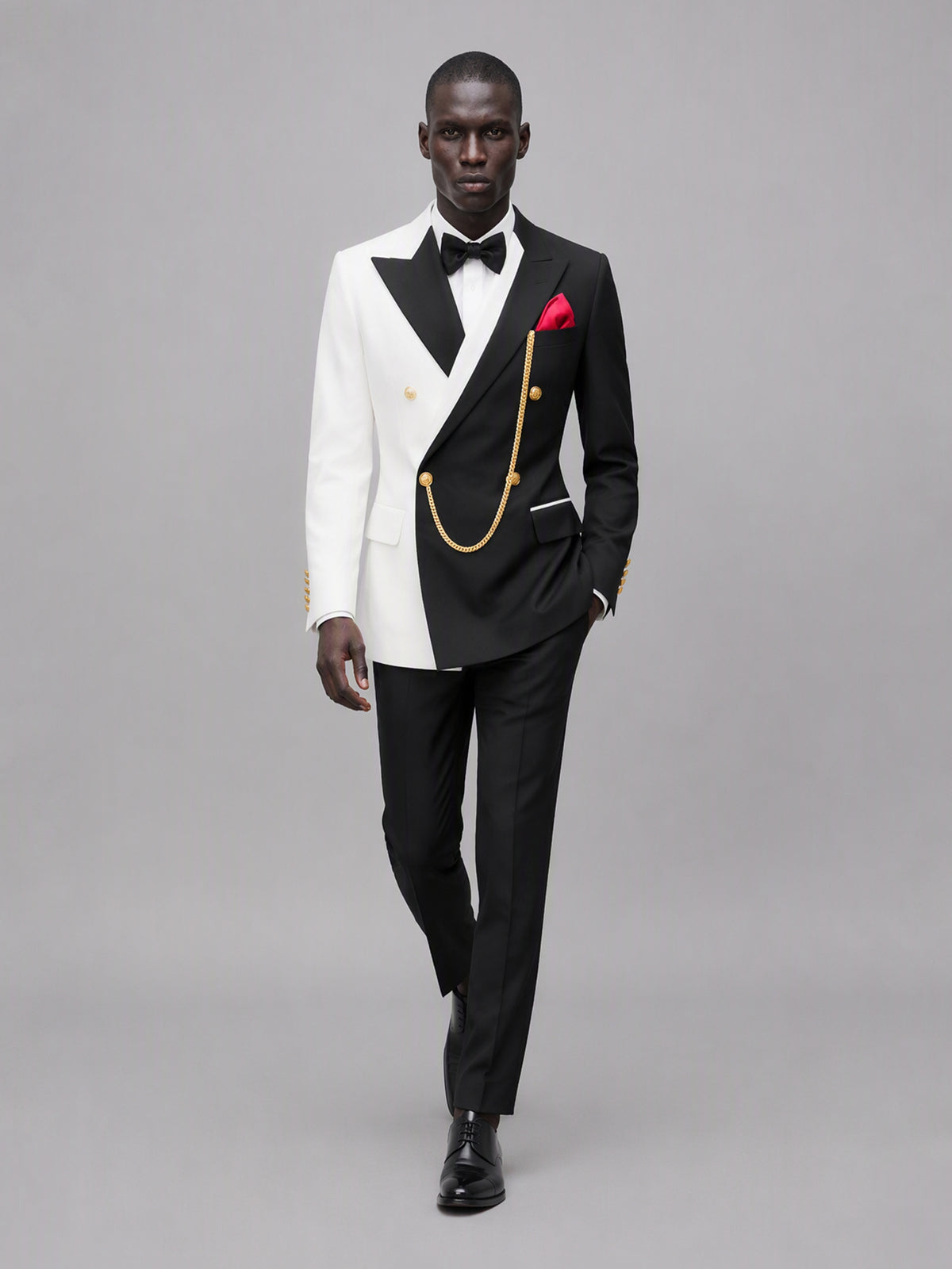 Men's black and white double-breasted 2-piece suit set – three-quarter side standing view, Savile GA0176