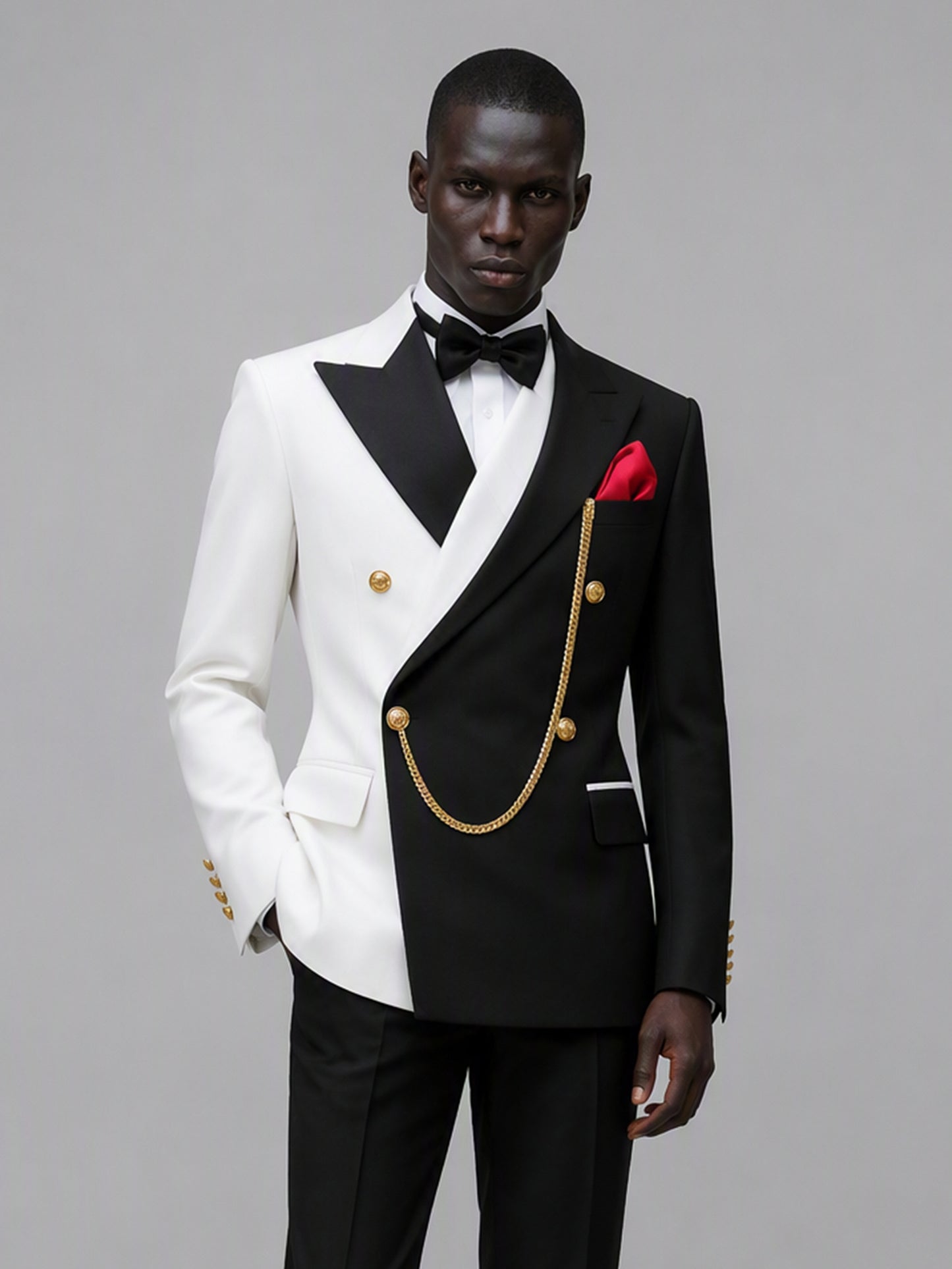 Men's black and white double-breasted 2-piece suit set – front full-length walking view, Savile GA0176