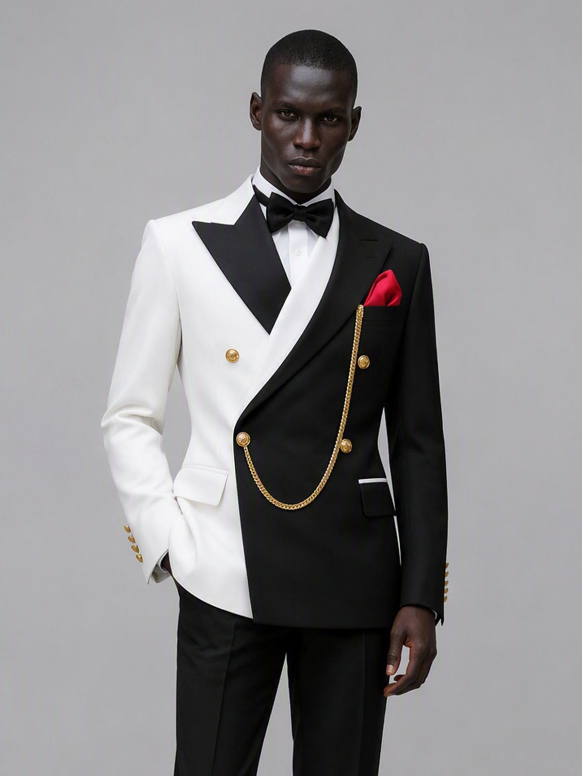 Men's black and white double-breasted 2-piece suit set – front full-length walking view, Savile GA0176