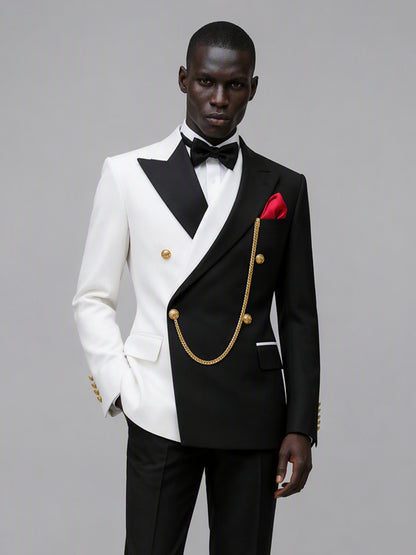 Men's black and white double-breasted 2-piece suit set – front full-length walking view, Savile GA0176