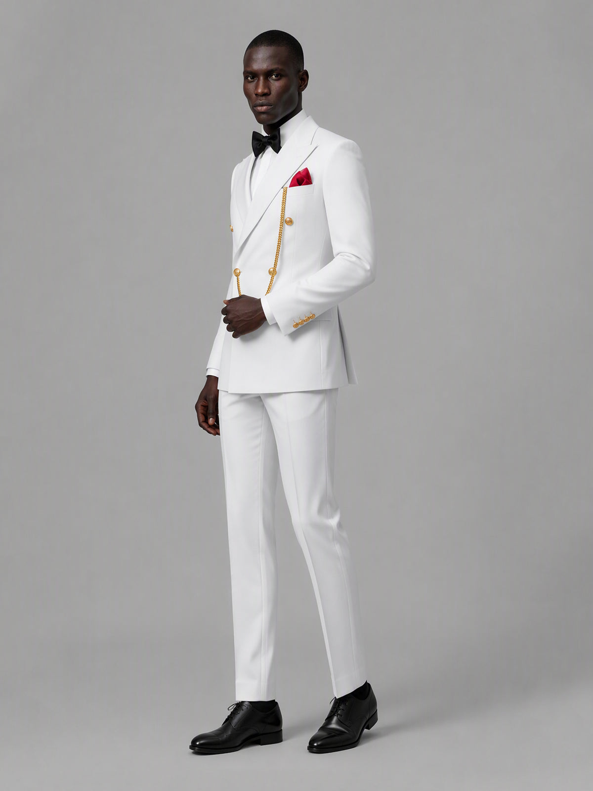 Men's white double-breasted 2-piece suit set – three-quarter side standing view, Savile GA0176