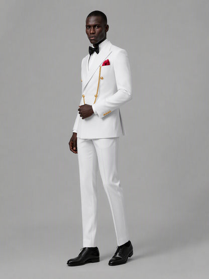 Men's white double-breasted 2-piece suit set – three-quarter side standing view, Savile GA0176