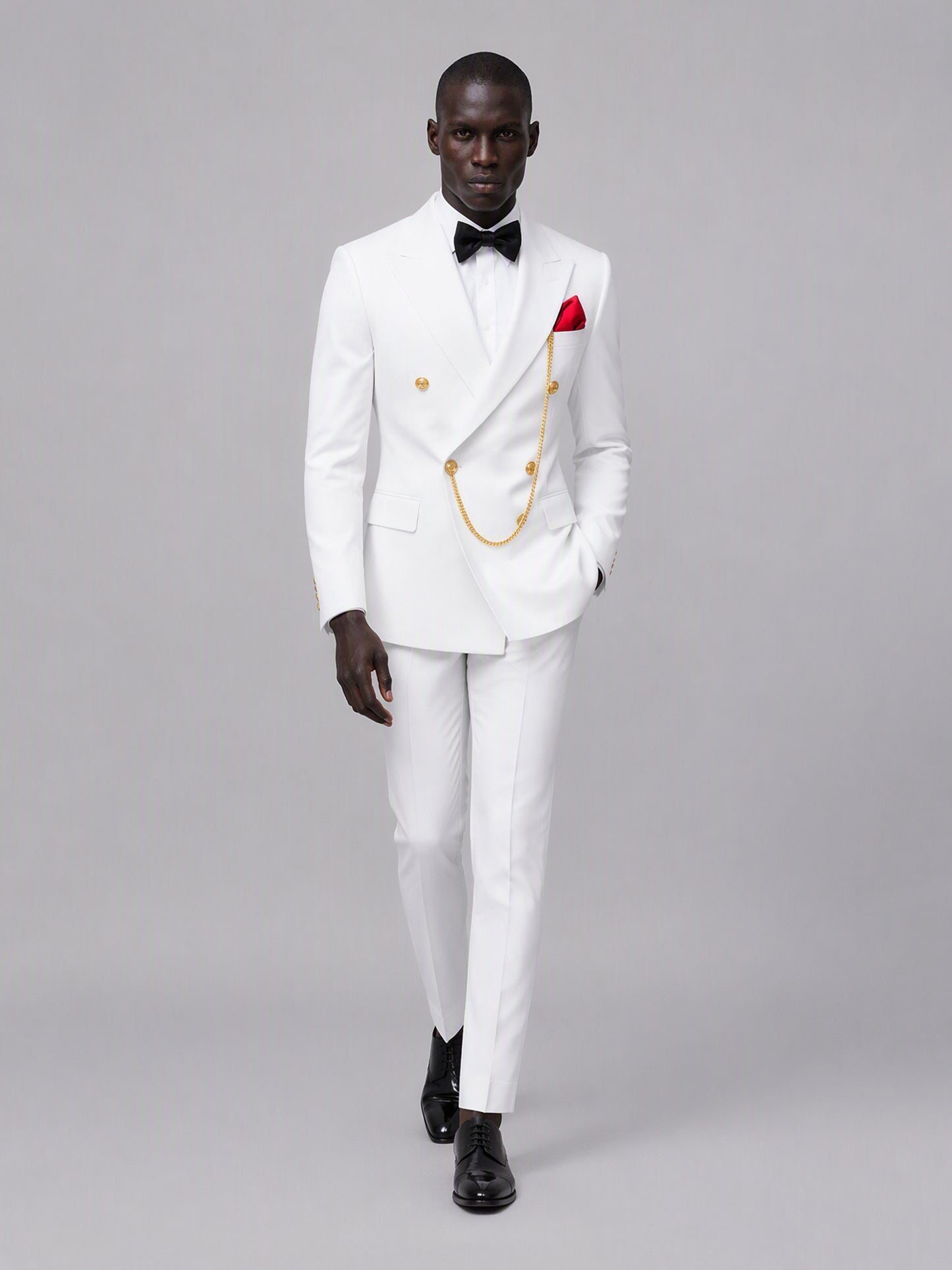 Men's white double-breasted 2-piece suit set – front full-length walking view, Savile GA0176