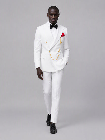 Men's white double-breasted 2-piece suit set – front full-length walking view, Savile GA0176