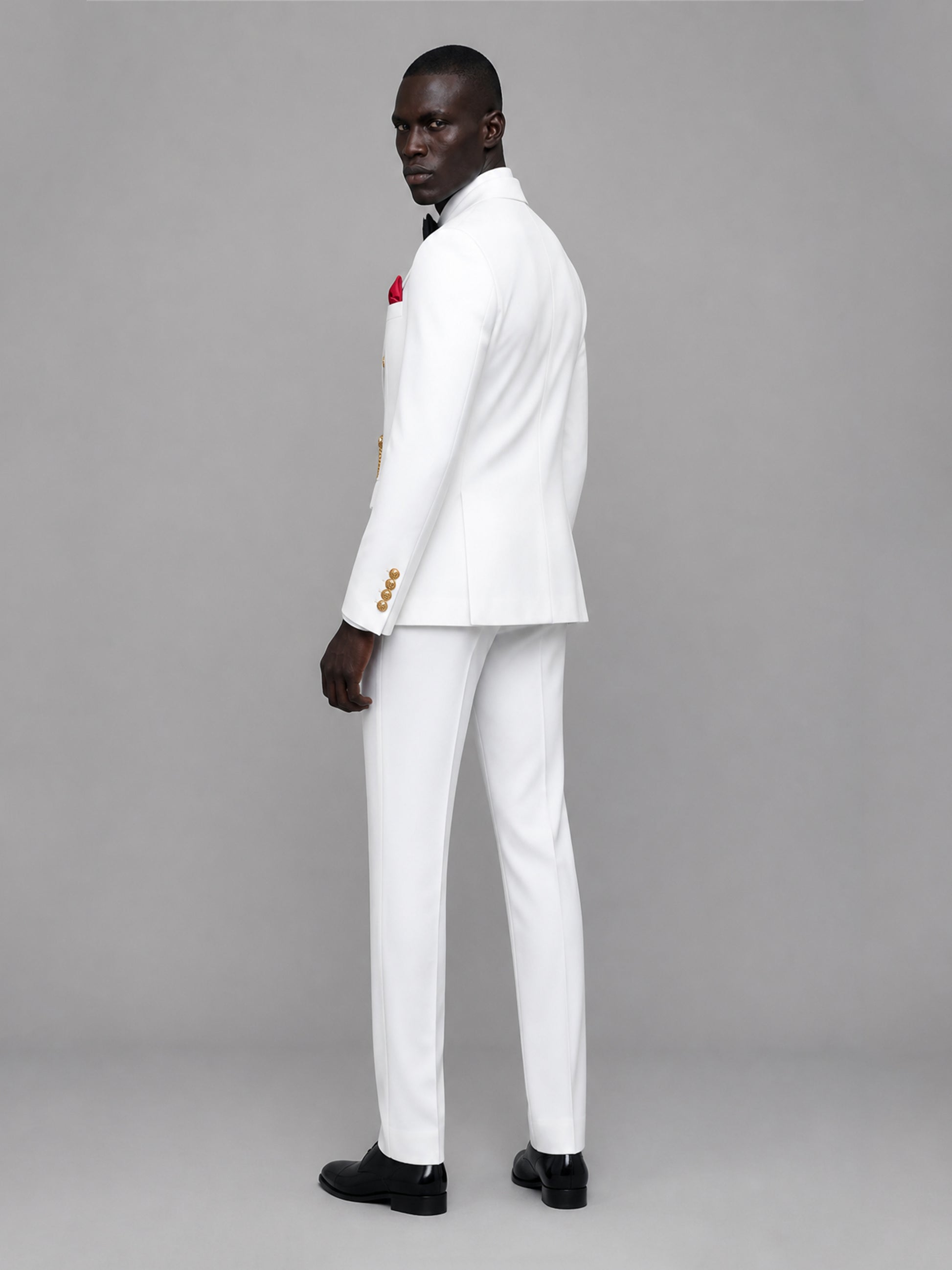 Men's white double-breasted 2-piece suit set – back three-quarter view, Savile GA0176