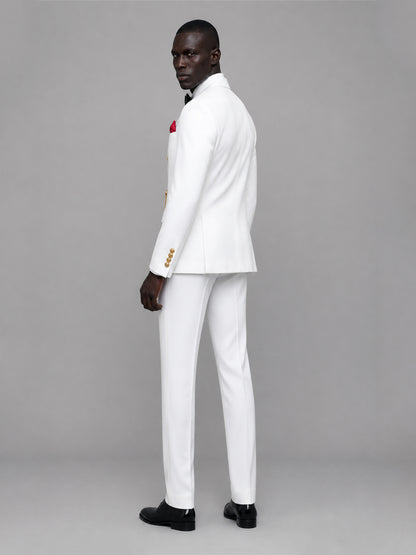 Men's white double-breasted 2-piece suit set – back three-quarter view, Savile GA0176