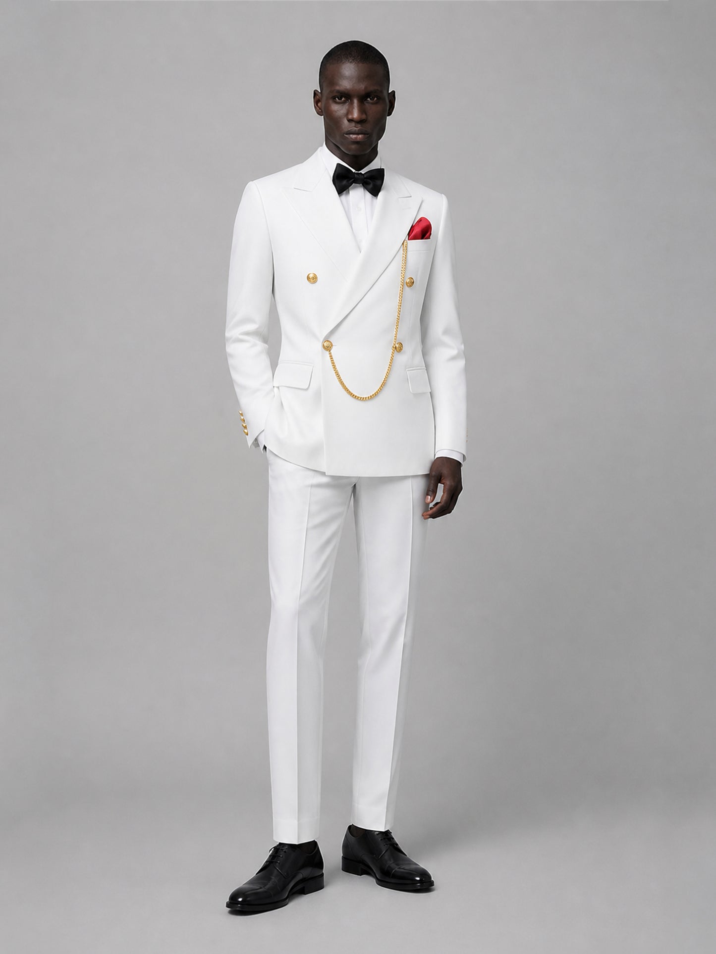 Men's white double-breasted 2-piece suit set – front full-length standing view, Savile GA0176