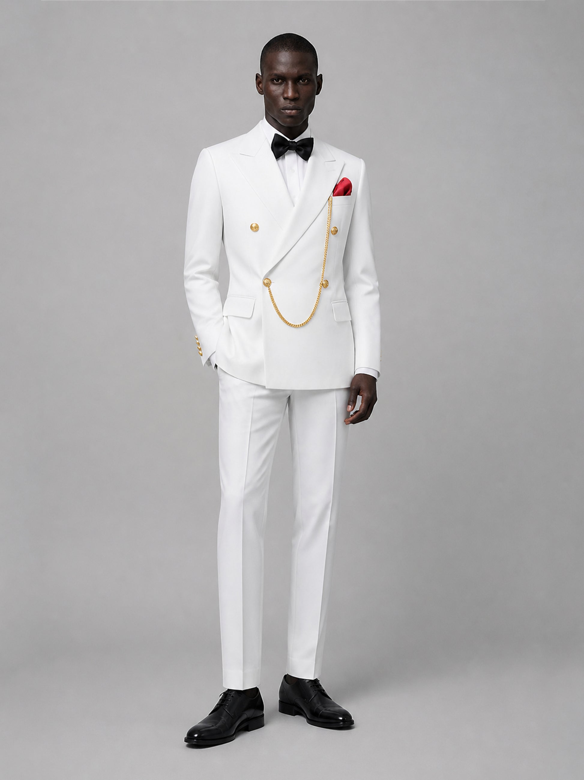 Men's white double-breasted 2-piece suit set – front full-length standing view, Savile GA0176