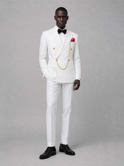Men's white double-breasted 2-piece suit set – front full-length standing view, Savile GA0176