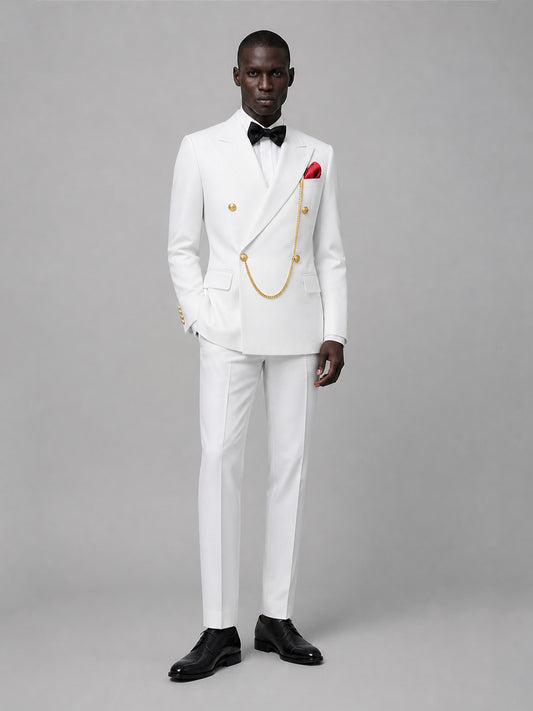Men's white double-breasted 2-piece suit set – front full-length standing view, Savile GA0176