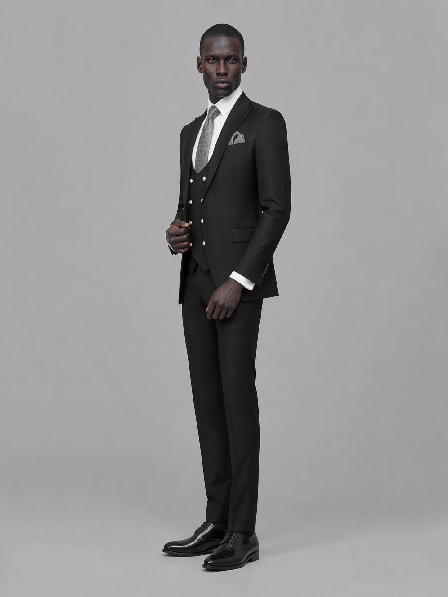 Men's black 3-piece suit set – front close-up gold button vest detail view, Savile GA0177
