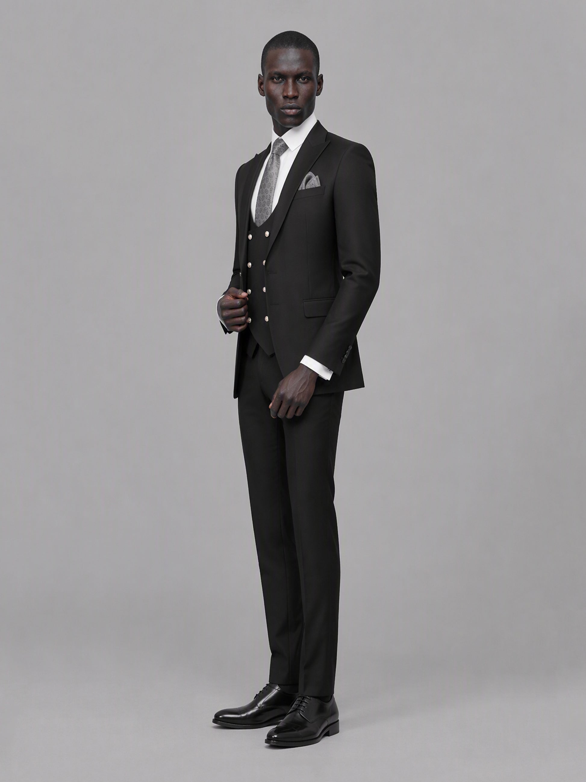 Men's black 3-piece suit set – front close-up gold button vest detail view, Savile GA0177