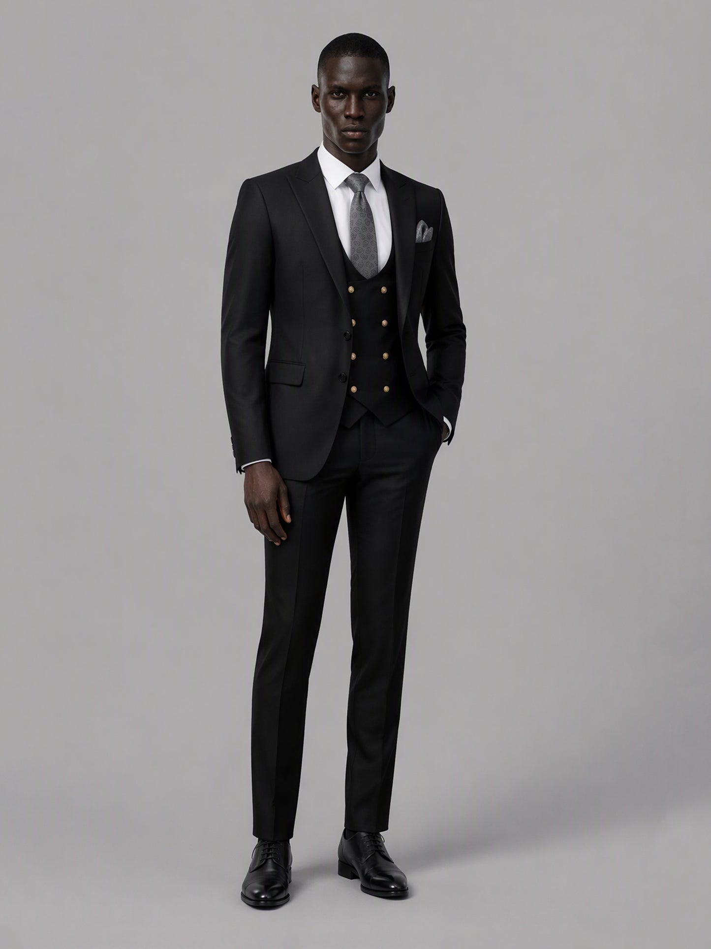 Men's black 3-piece suit set – back three-quarter view, Savile GA0177