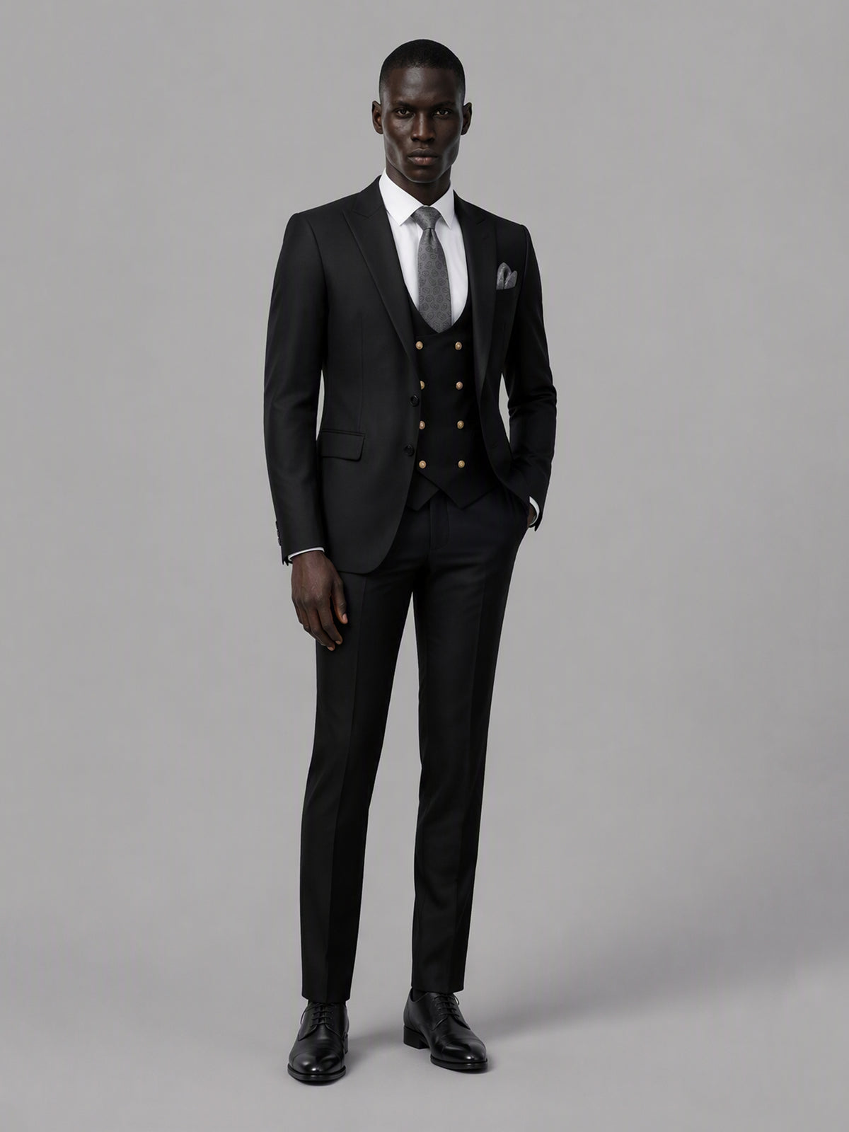 Men's black 3-piece suit set – back three-quarter view, Savile GA0177