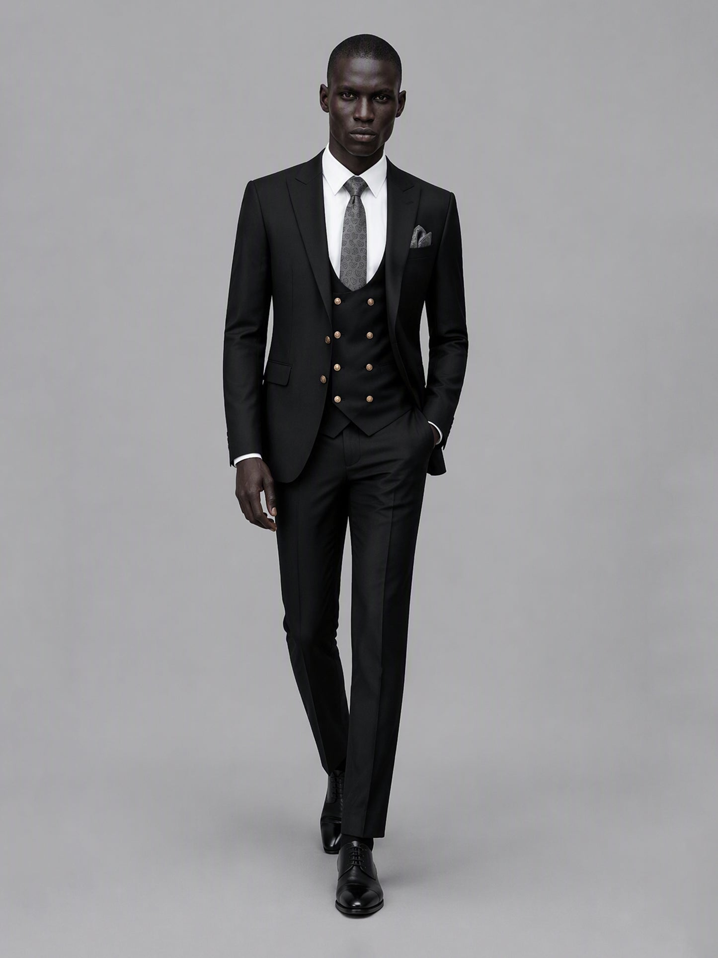 Men's black 3-piece suit set – front full-length walking view, Savile GA0177