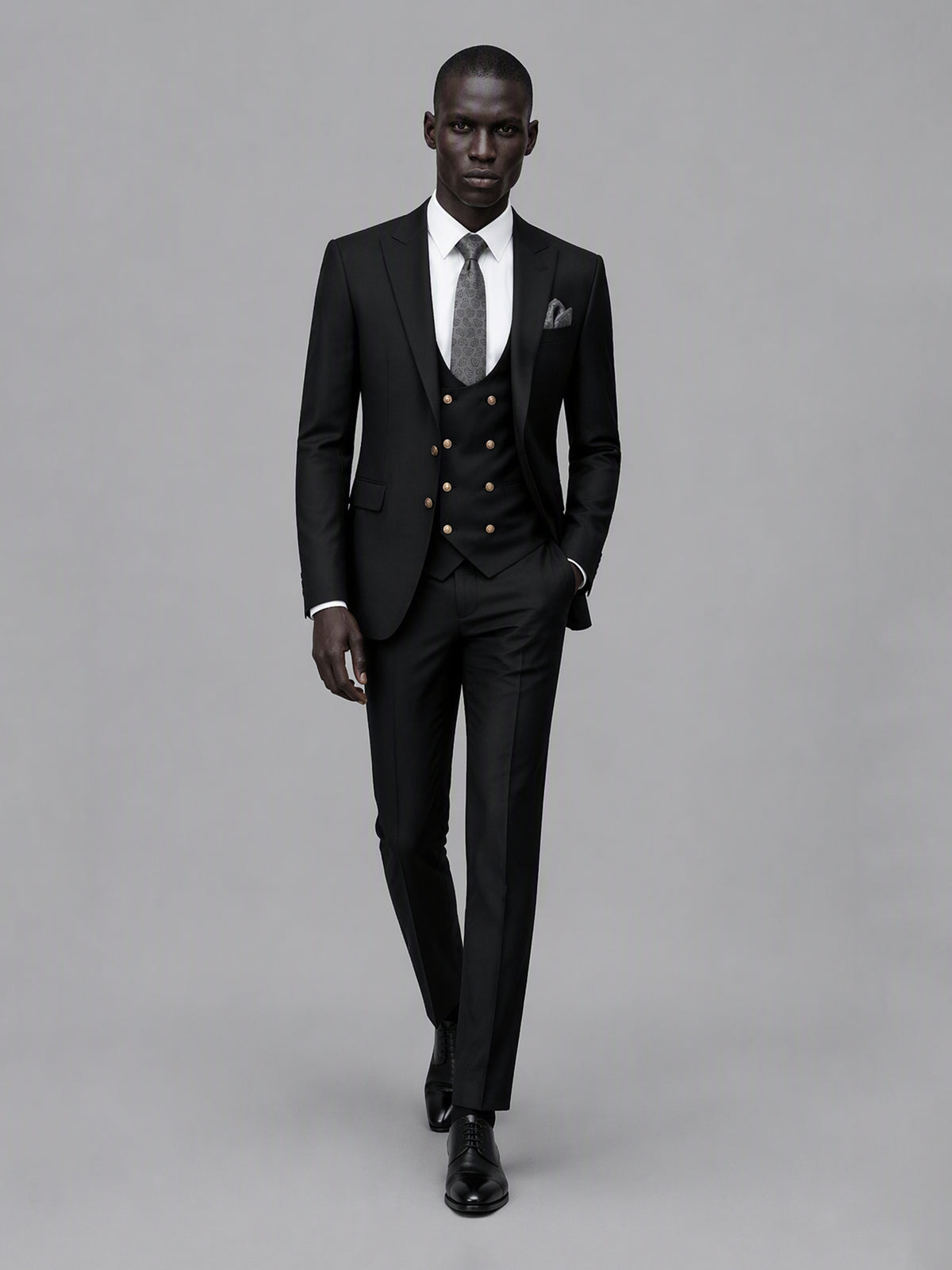 Men's black 3-piece suit set – front full-length walking view, Savile GA0177